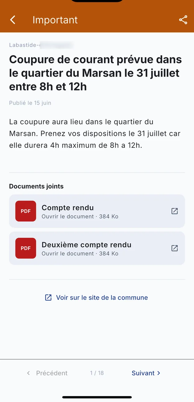 Une alerte ouverte dans l'application : titre, texte et fichiers joints.