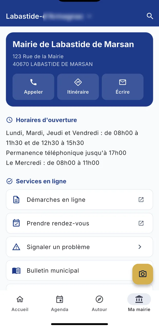 L'écran « Ma mairie » : coordonnées, horaires et services en ligne.