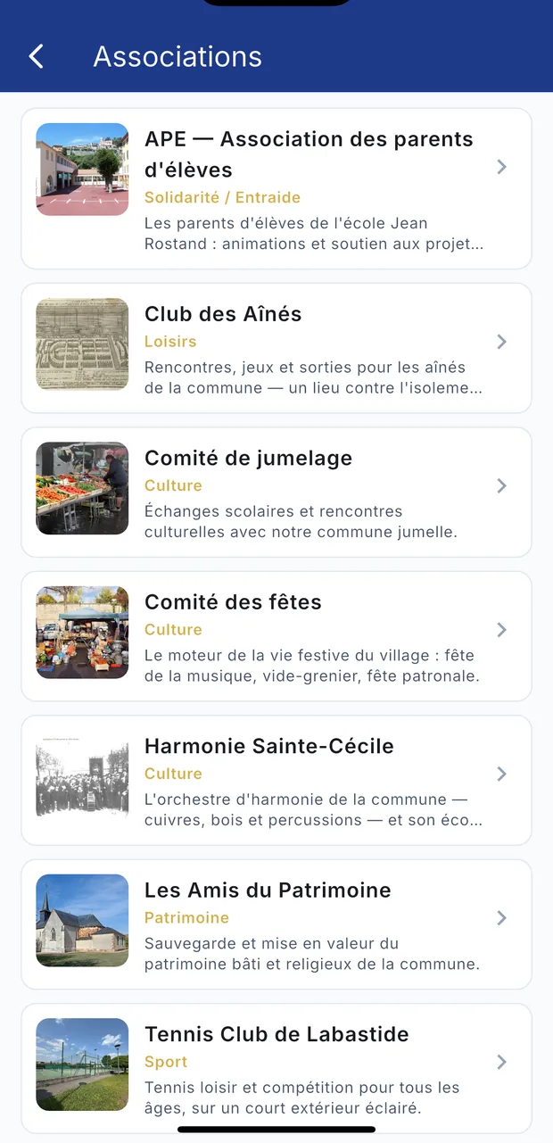 La liste d'une rubrique : les associations de la commune.