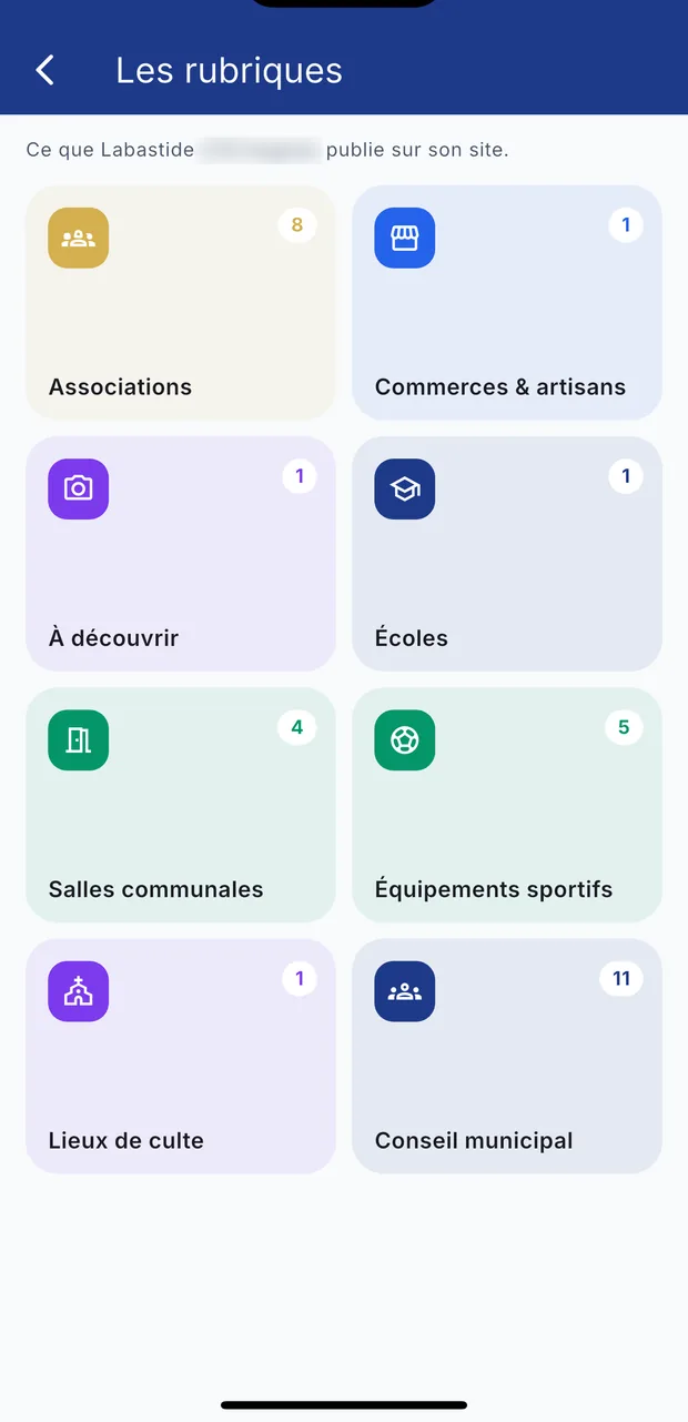 Les rubriques de la commune, avec le nombre de fiches dans chacune.