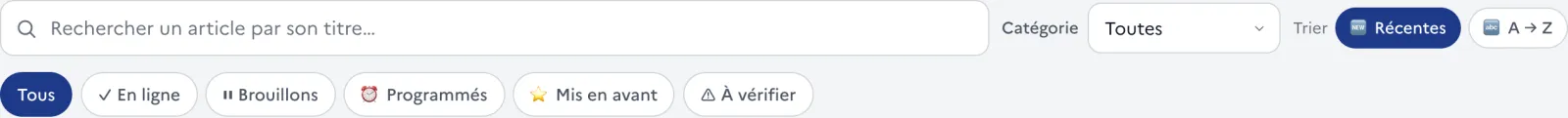 La barre d’outils en haut de la liste des articles : recherche, pastilles d’état, catégorie et tri.