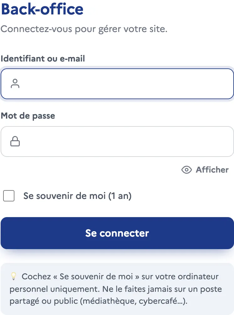 La page de connexion : votre identifiant et votre mot de passe.