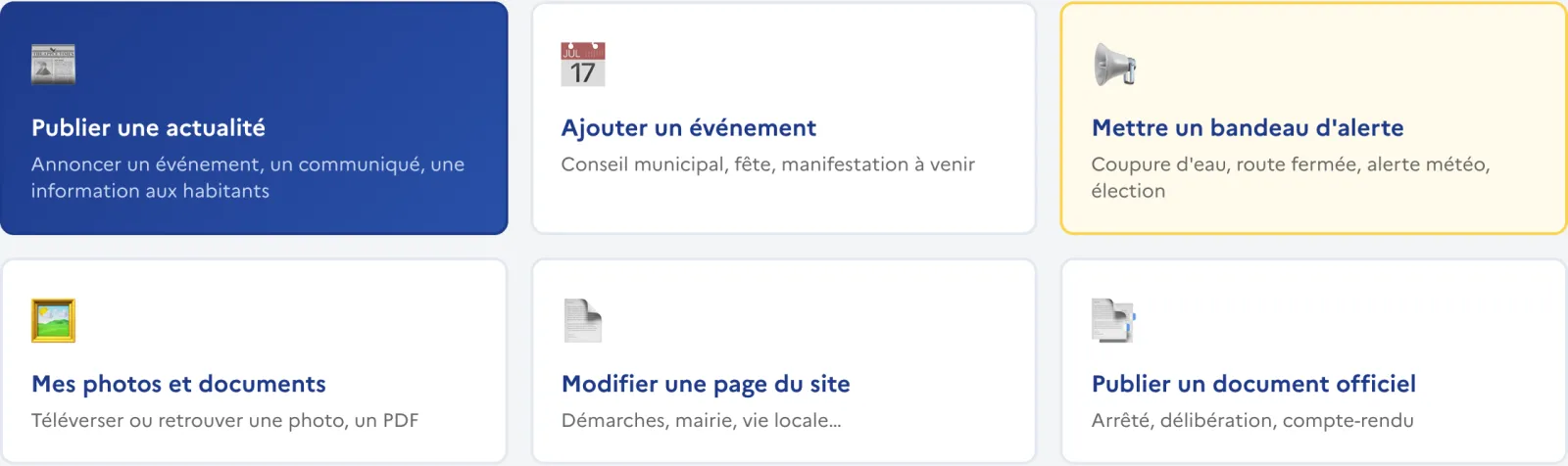 Les raccourcis vers les actions fréquentes du tableau de bord.