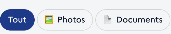 Les filtres de la médiathèque : Tout / Photos / Documents et la recherche par nom.