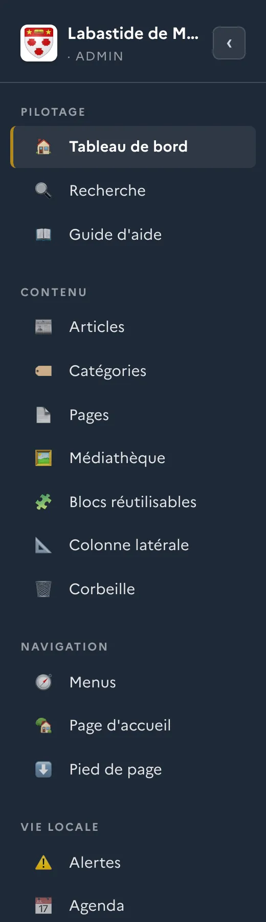 Le menu de gauche, rangé par familles (Pilotage, Contenu, Navigation…).